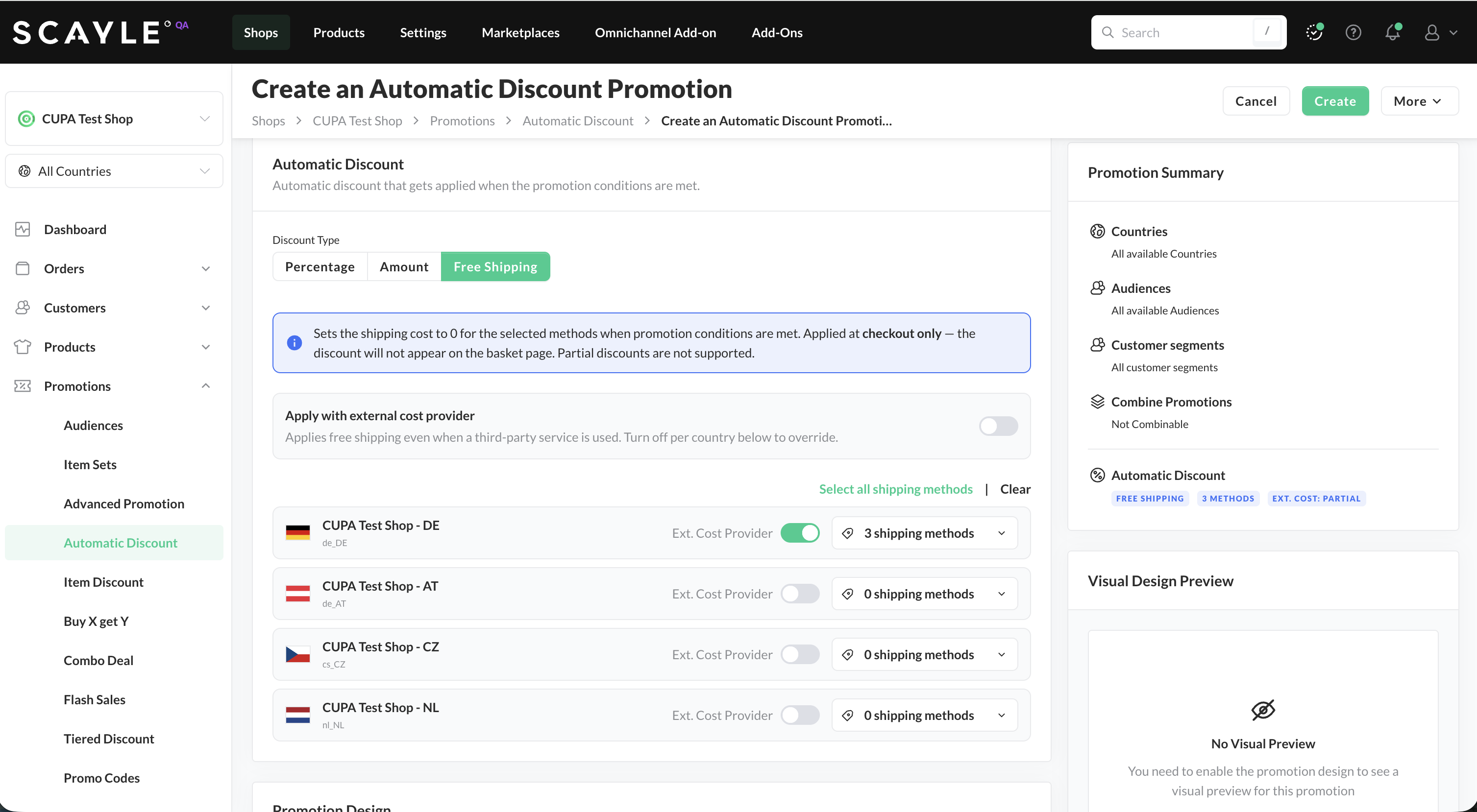 Free shipping set up in Automatic Discount promotion creation